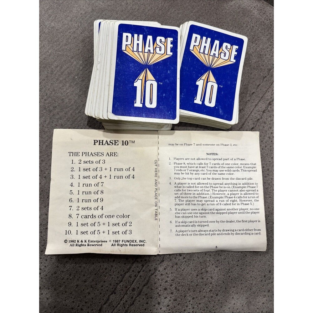 Vintage Phase 10 Card Game 1987 Fundex Blue Back Cards With Instructions No Box